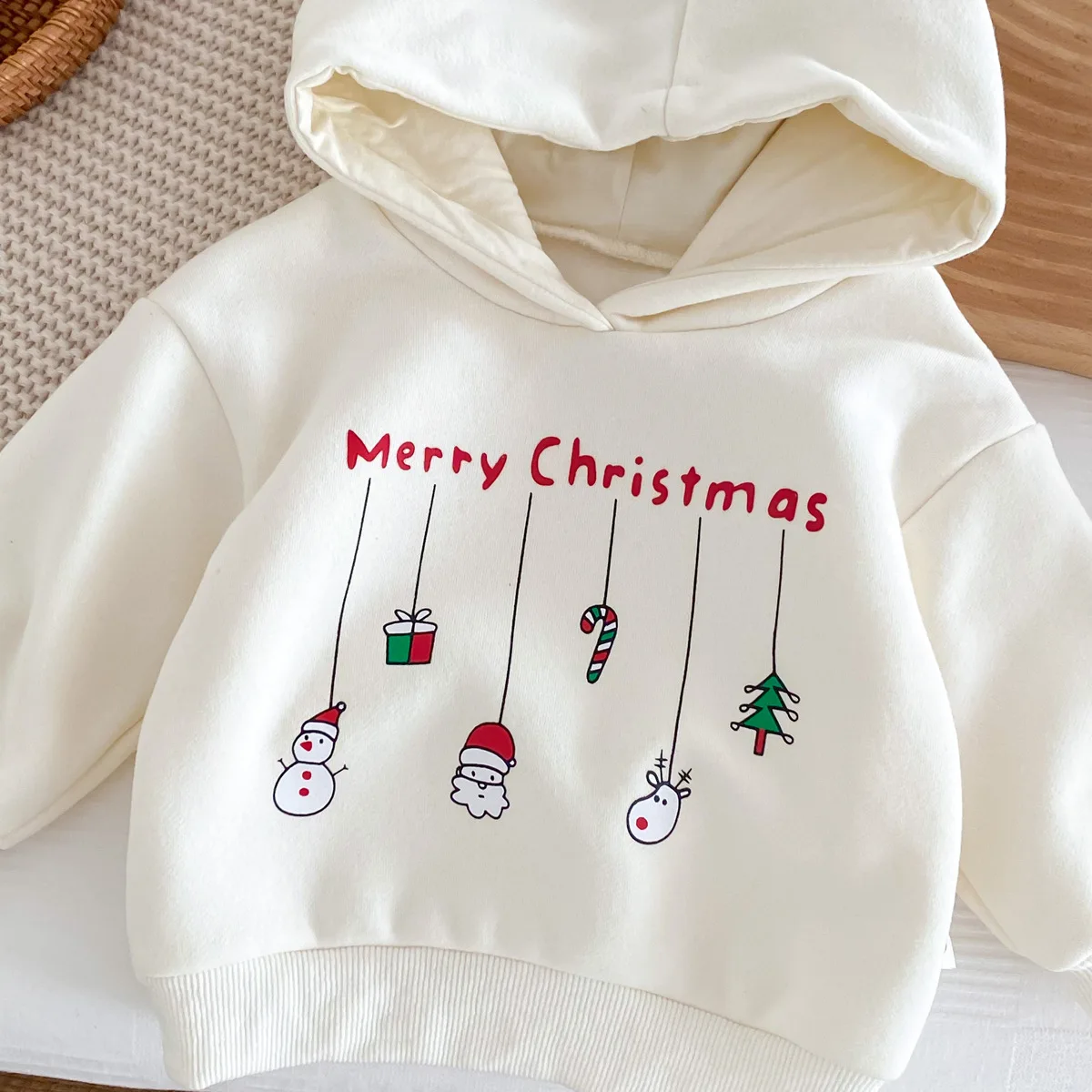 Autumn Winter Boy Baby Christmas Fleece Cartoon Hoodie Girl Children Thick Letter Sweatshirt Fashion Kid Plus Velvet Cotton Tops