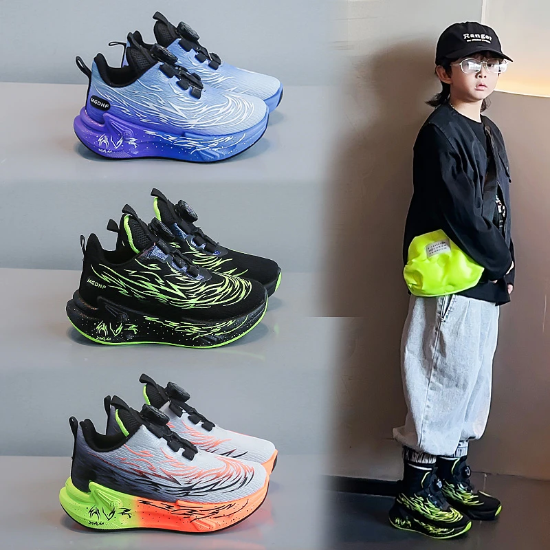 Kids Boys Rotating Button Running Shoes Breathable Shock‑Absorbing Non‑Slip Lightweight Athletic Sneakers For Sports Training