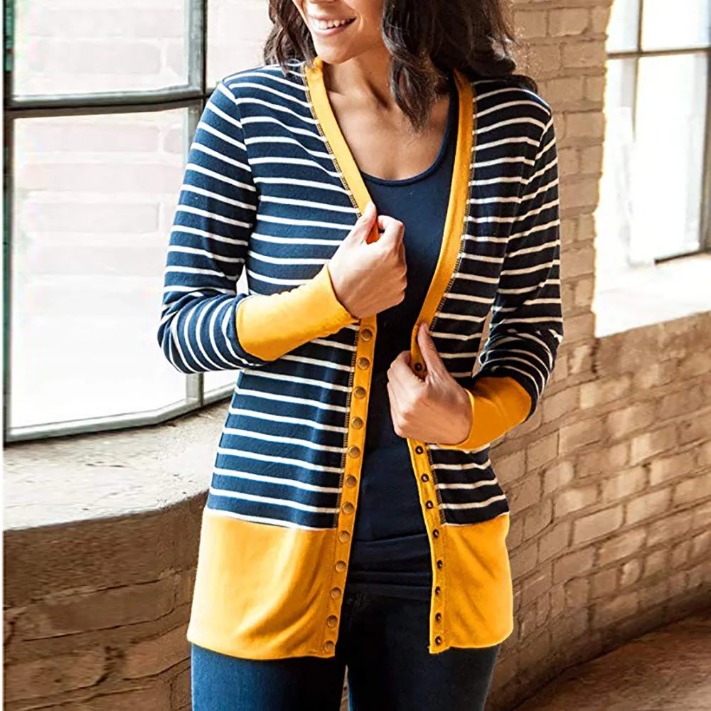 Cardigan single breasted stripe color long sleeve coat woman