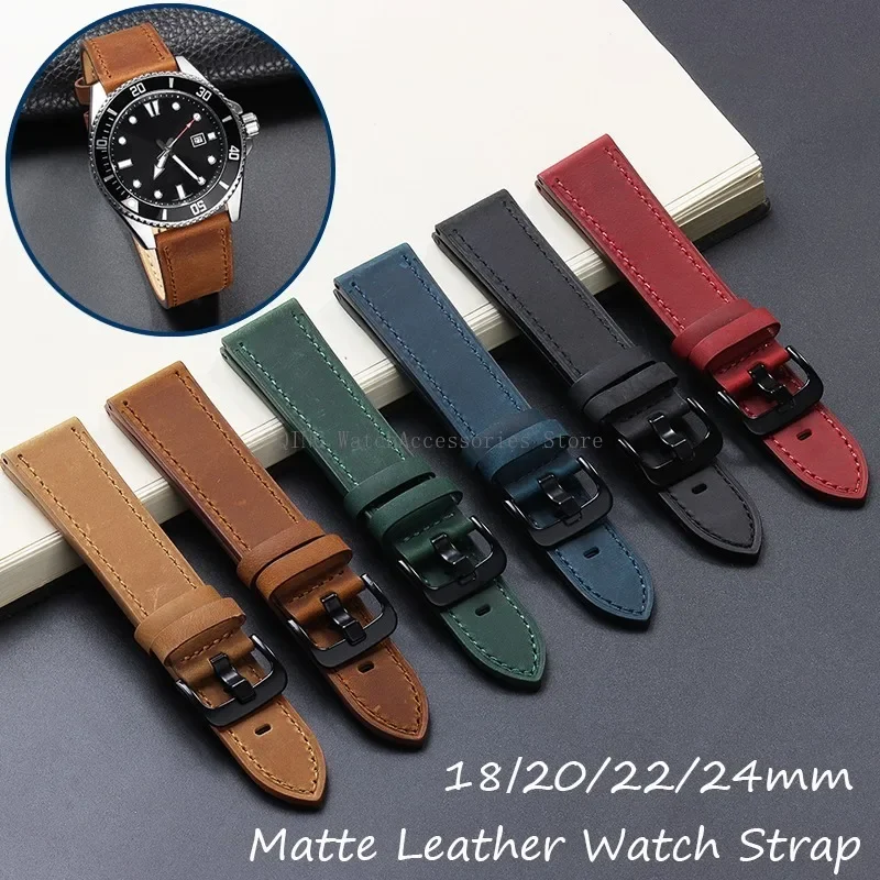 Matte Leather Watch Strap Vintage Retro Crazy Horse Frosted Watchband Soft Men Women Sport Bracelet Business Wristbelt for Seiko