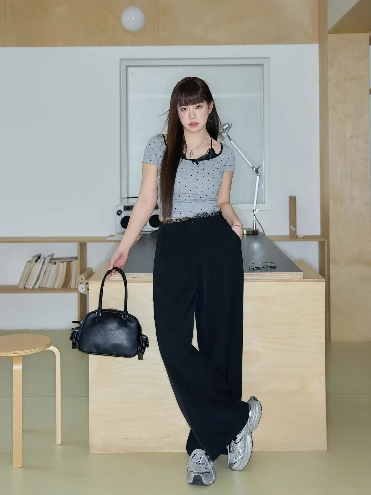 

Костюмный комплект с эффектом похудения для полных женщин: модный корейский стиль, брюки с высокой талией и топ с коротким рукавом для офиса