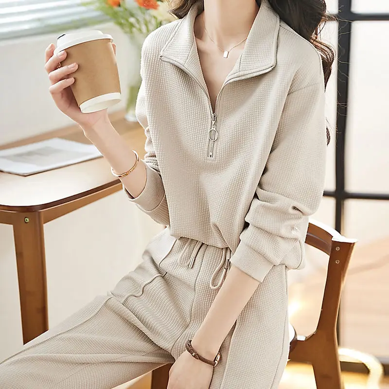 

Women Spring Autumn Casual Sporty Clothing Matching Sets Lady Korean Solid Sweatshirts Wide Leg Drawstring Pants Two Piece Suits