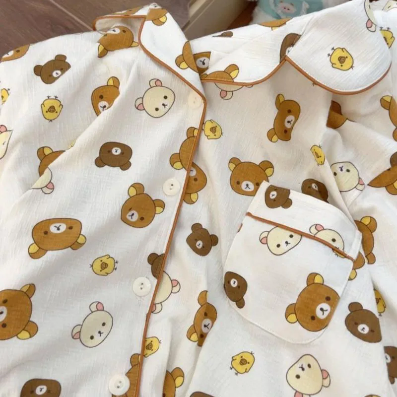 Kawaii Cute Rilakkuma Pajamas Long Sleeved Cotton Cardigan Long Pants V-Neck Home Suit Set Comfortable Birthday Gifts for Girls