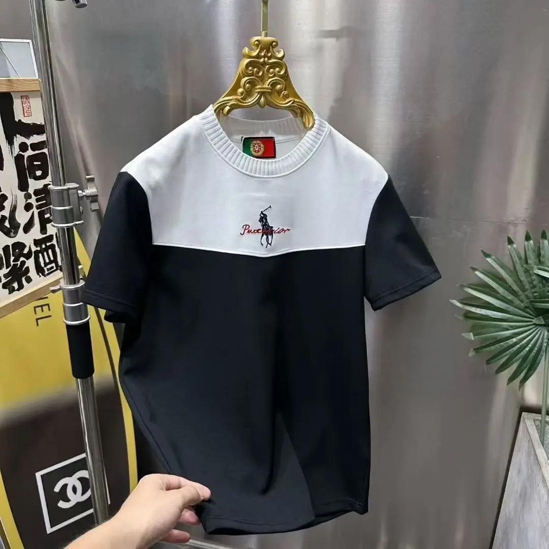 2025 embroidery new versatile trend fashion splicing half-sleeve contrasting color casual round neck T-shirt short sleeve