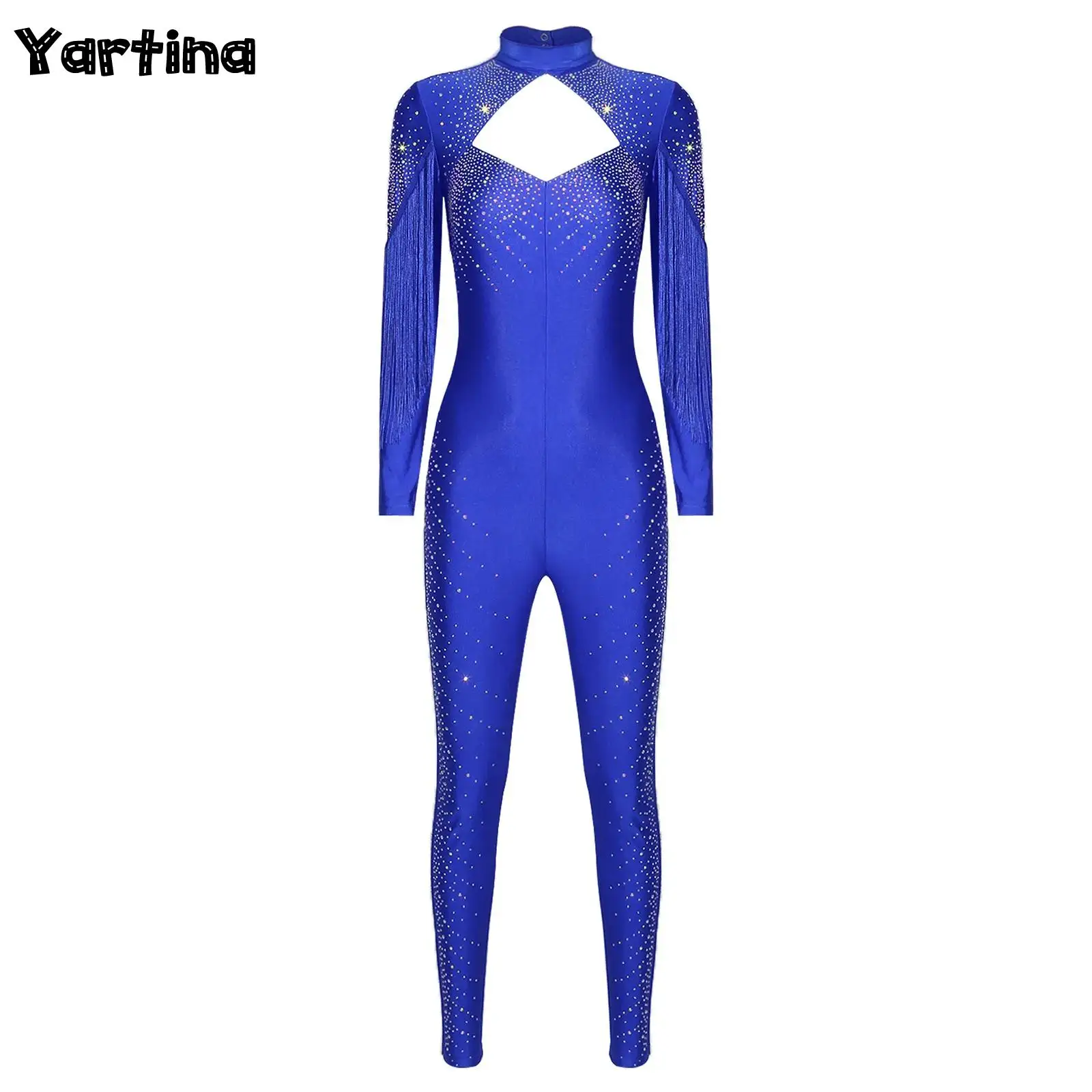 

Womens Gymnastics Artistic Figure Skating Ballet Dance Unitards Jumpsuit Glittery Rhinestone Long Sleeve Tassel Bodysuit Rompers