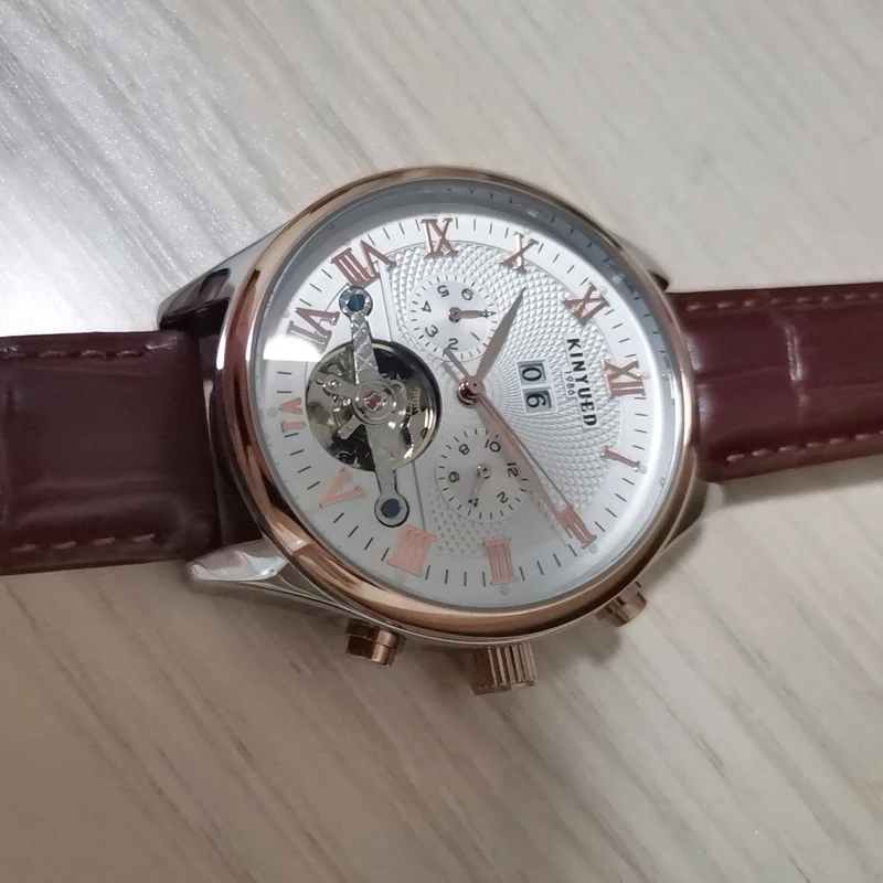 KINYUED Tourbillon Männer Uhren Mode-Business Automatische Mechanische Uhr Männer Casual Leder Wasserdichte Uhr Relogio Masculino – Detail 7