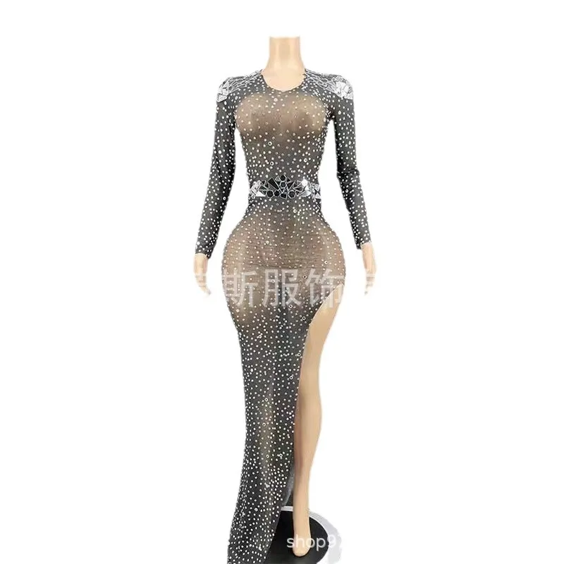High Quality Womens Bar Mitzvah Crystal Diamond Sexy Black Club Dress High Split Up The Ante Womens Annual Meeting Party Dresses