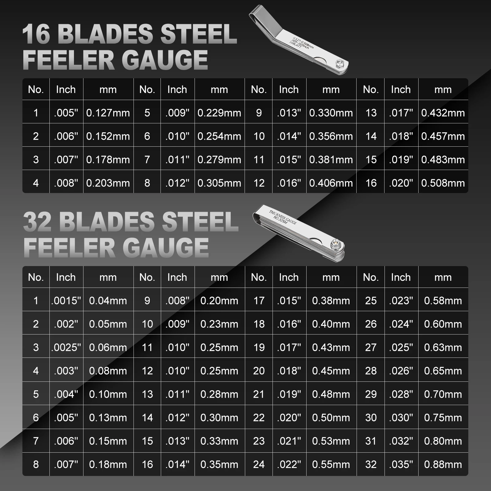 Universal High Turbo Power Tool 32 Feeler Gauges+16 Elbow Feeler Gauges 10mm 12mm 14mm 16mm Spark Plug Gap Adjustment Tool