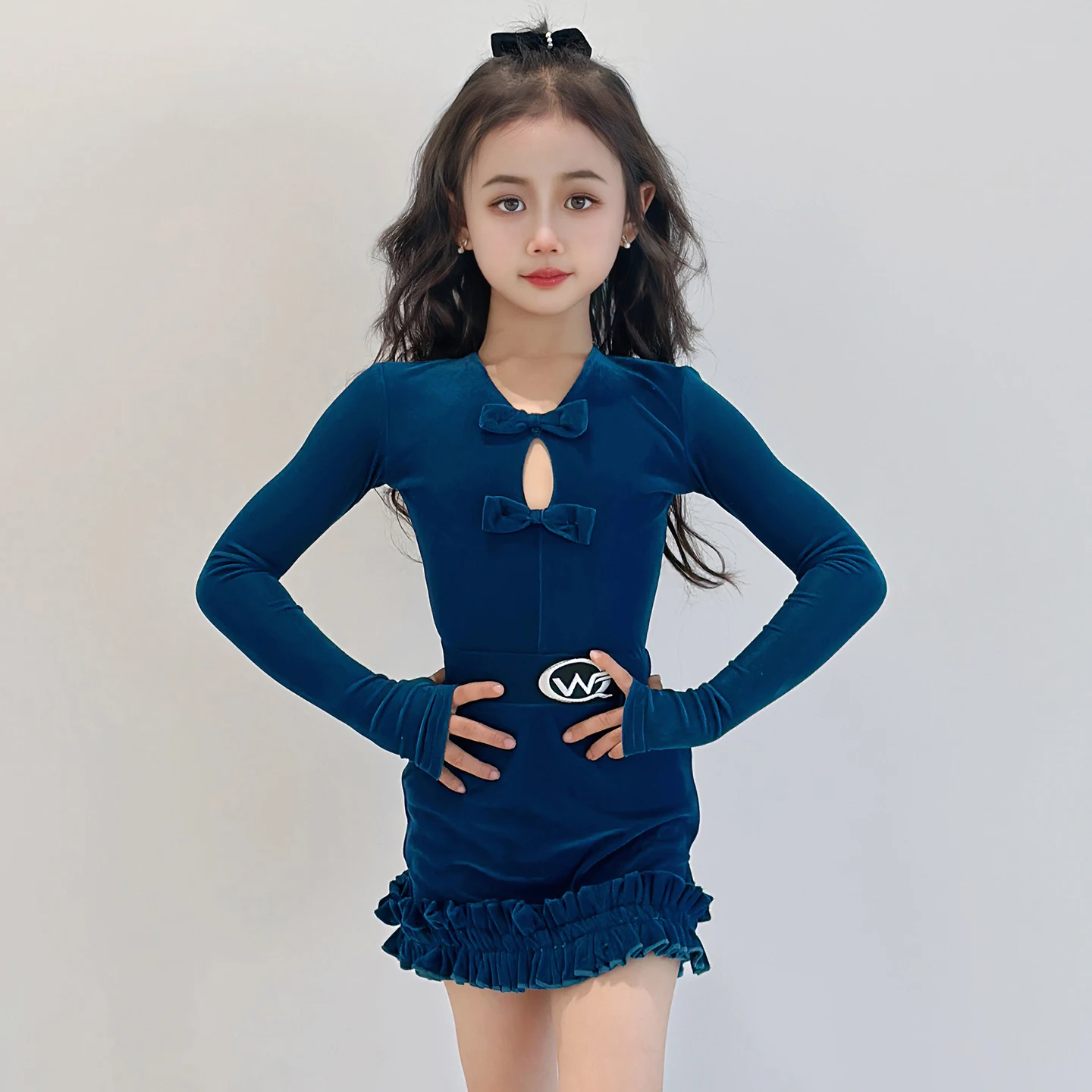 Robe de spectacle de danse de salon bleue à manches longues pour filles, Costume de danse latine pour enfants, vêtements de danse latine Rumba SL14006