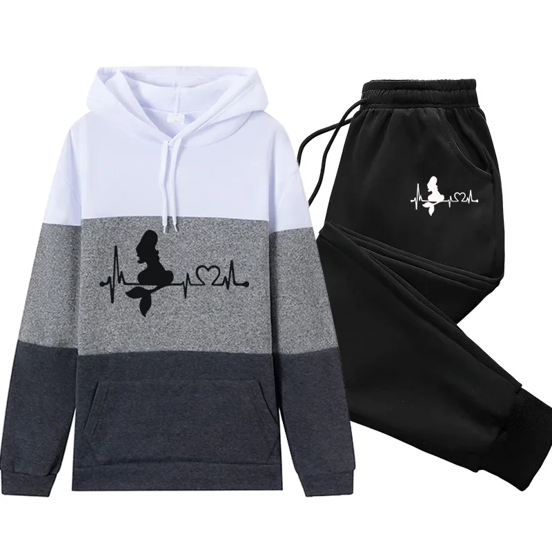 

Повседневный женский спортивный костюм, повседневный осенне-зимний качественный цветной блок, женский цельный свитшот для бега, спортивные штаны, пуловер с капюшоном