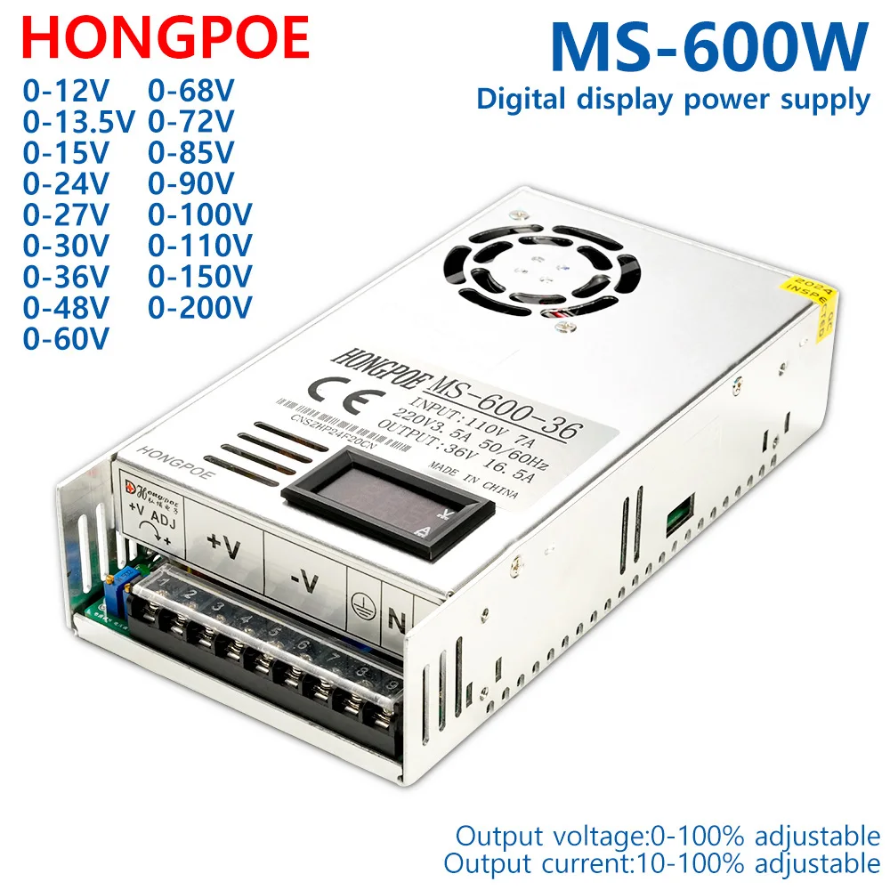 

600W Switching Power Supply 0-12V 15V 24V 30V 48V 60V 72V 85V 90V 110V 150V 220V AC/DC Single Output Adjustable SMPS MS-600-12