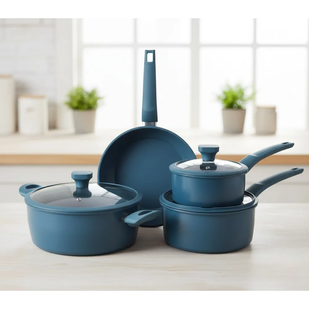 

7-Piece PFA-Free Ceramic Nonstick Carbon Steel Cookware Set - Blue Pots & Pans with Glass Lids for Home Chefs