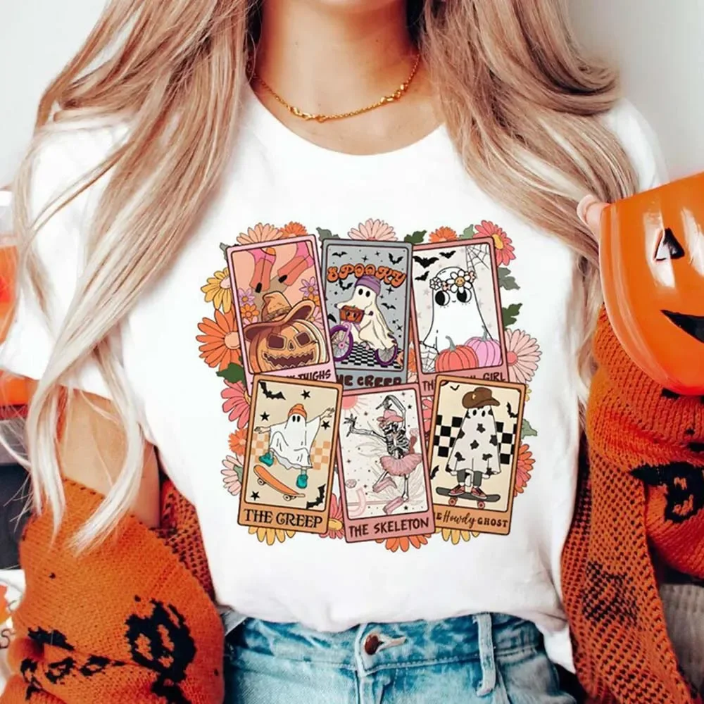 Funny Halloween Ghost Tarot Card Printed T-Shirt Clothing Summer O-Neck T-Shirt Cartoon Fun Casual Style With Women\'s Top