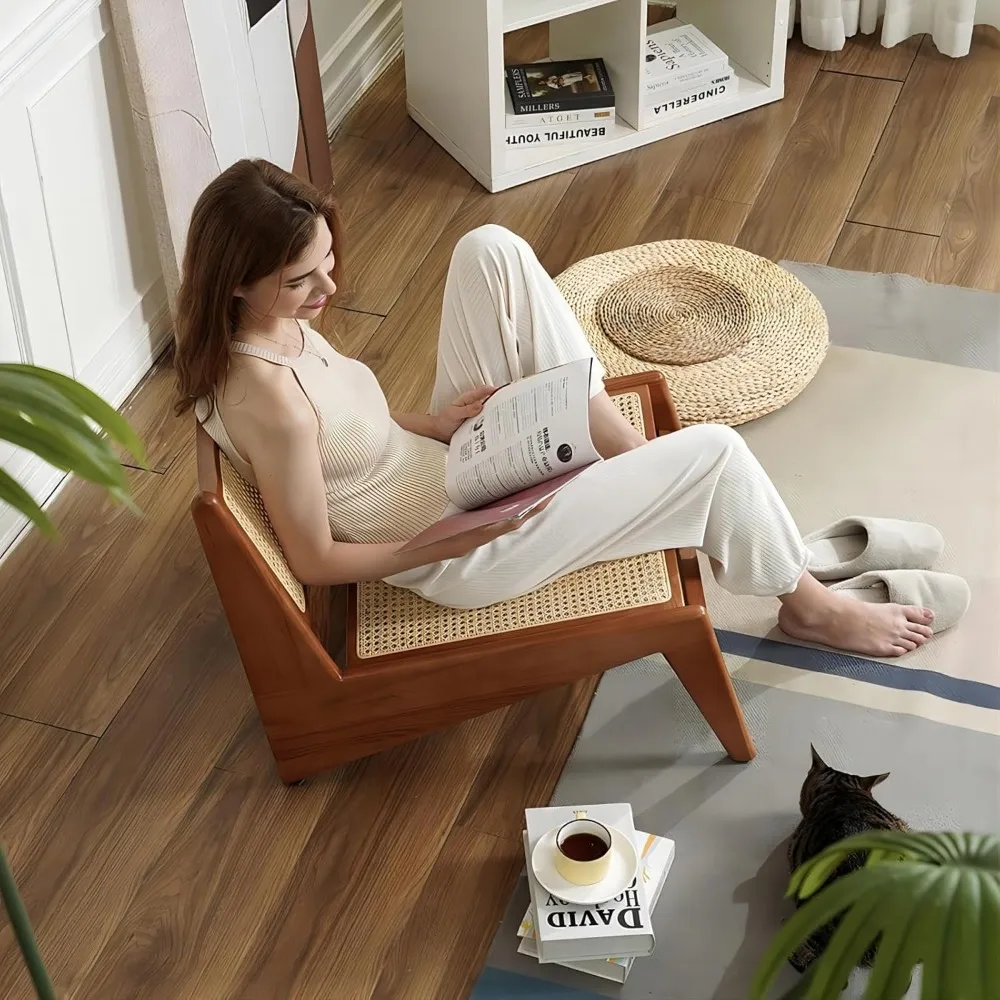 for Living Room Bedroom Balcony & Patio Japandi Walnut Rattan and Wood Lounge Chairs Mid Century Modern Armless Accent Chair