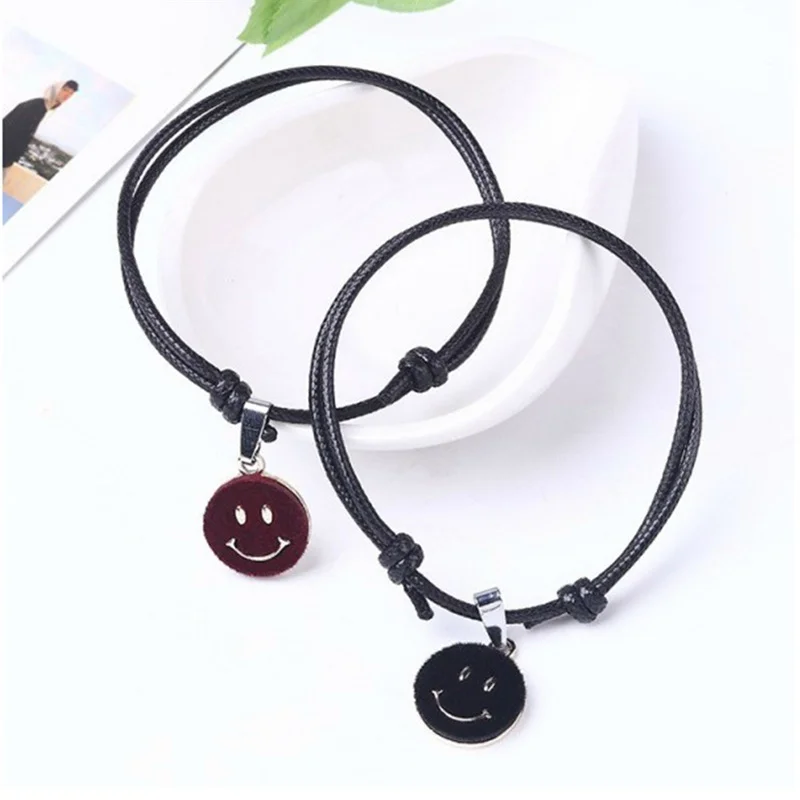 Smiling Face Bracelets Couple Charm Bracelet Black Rope Bracelets For Lovers Students Gifts DIY Handmade Jewelry 2Pcs/Set