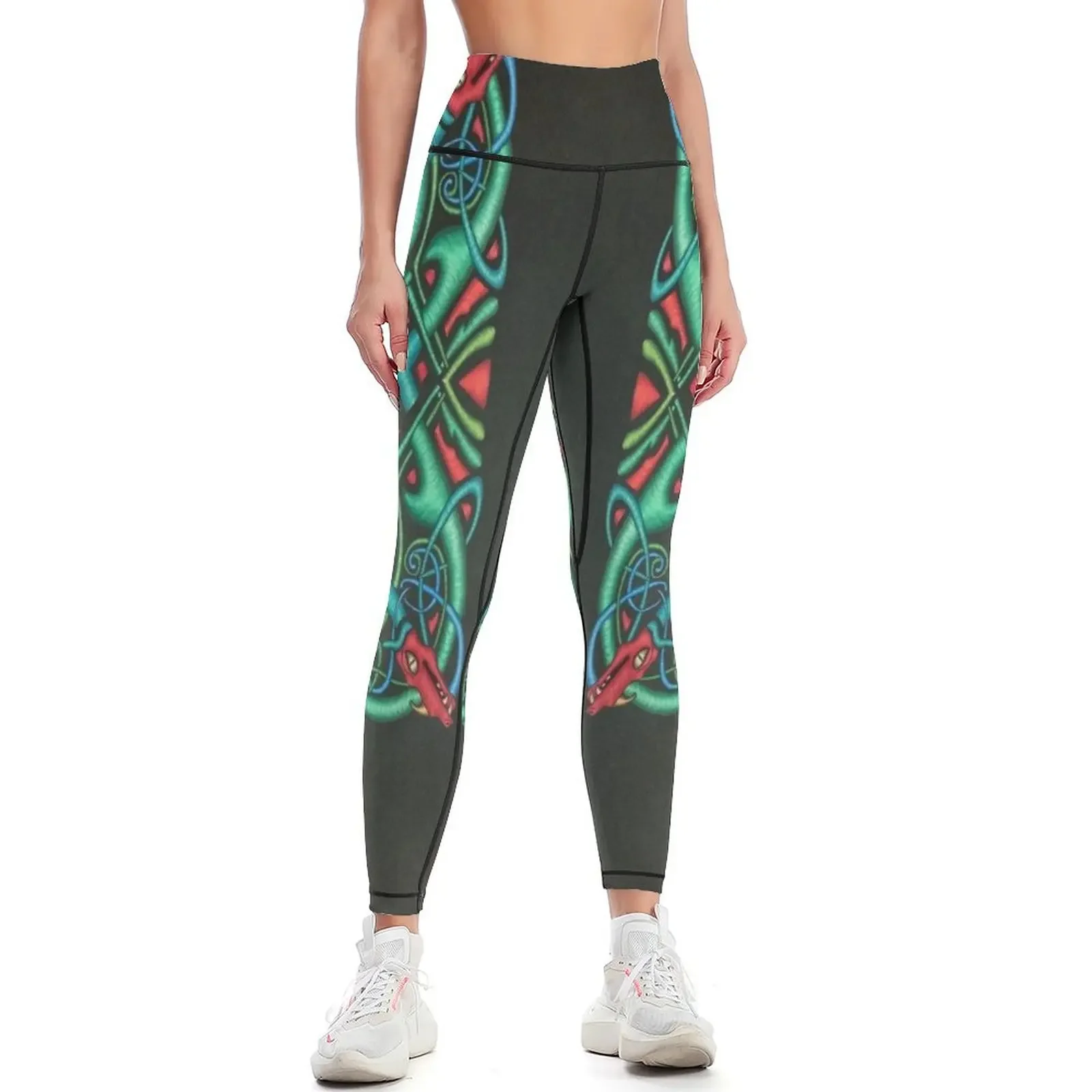 Intricate Jewel Tones Dragon Irish Celtic Knot Leggings sportswear gym exercise clothing for high waist flared Womens Leggings