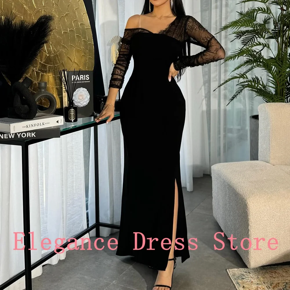 Customized Classic Off the Shoulder Side Slit Lace Long Sleeves Mermaid Evening Dress Elegant Jersey Pleats Vestido De Noche