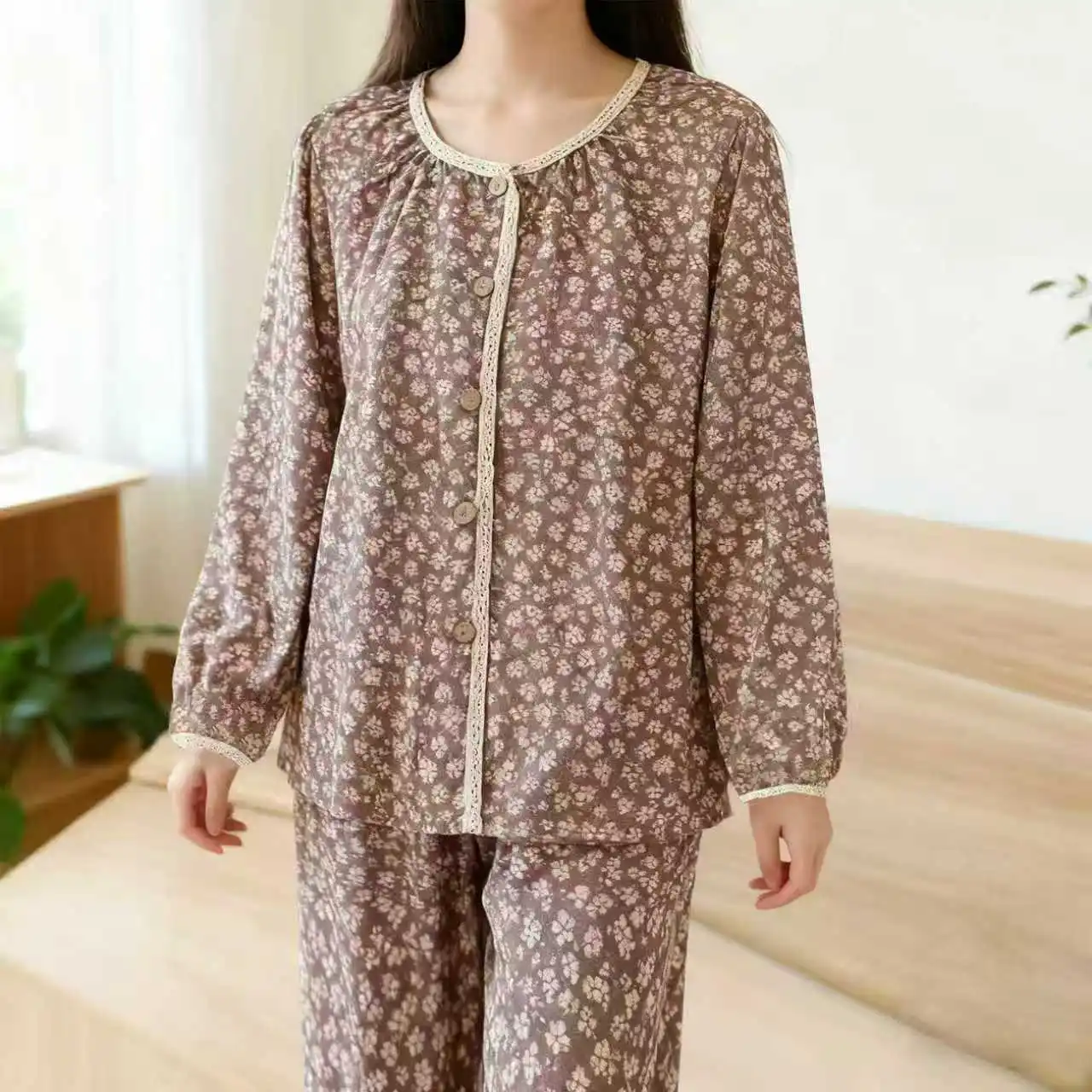 

Sweet Floral cute pajamas sets women double gauze wrinkly cotton sleepwear long-sleeve elegant pure cotton pyjamas plus size