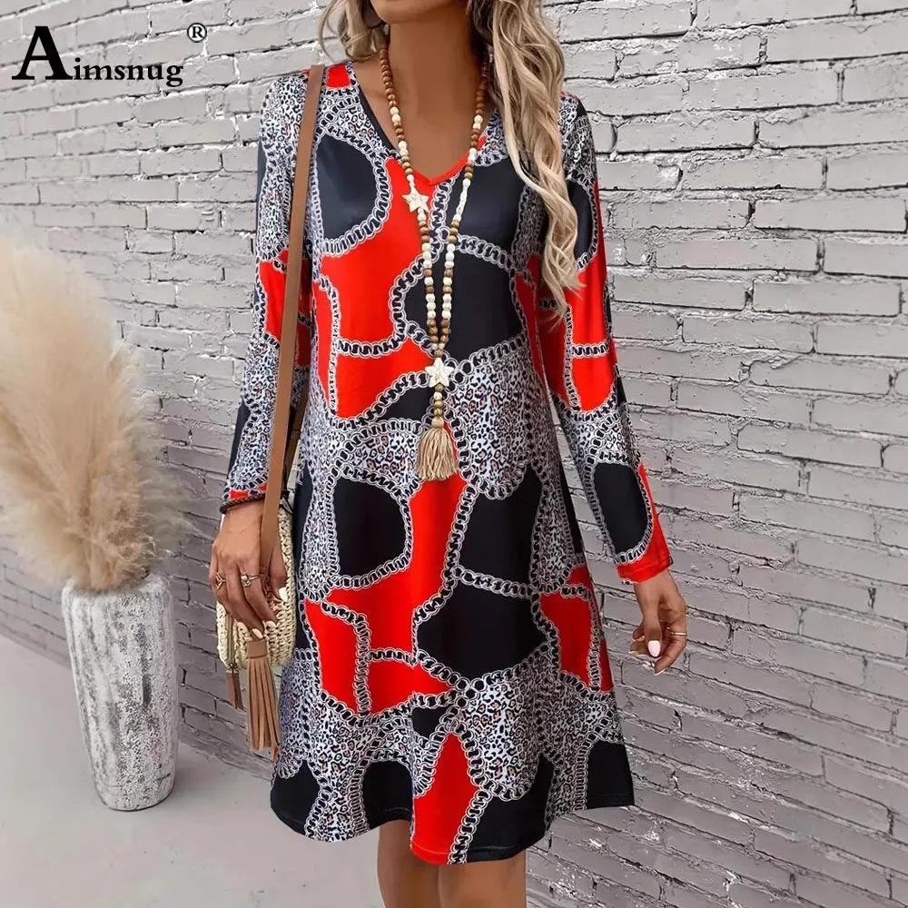 Aimsnug Frauen Lange Ärmel Party Kleid Weibliche V-ausschnitt Boho Blume Drucken Befree Kleid Große Große Damen Elegante Kurze Mini Kleider