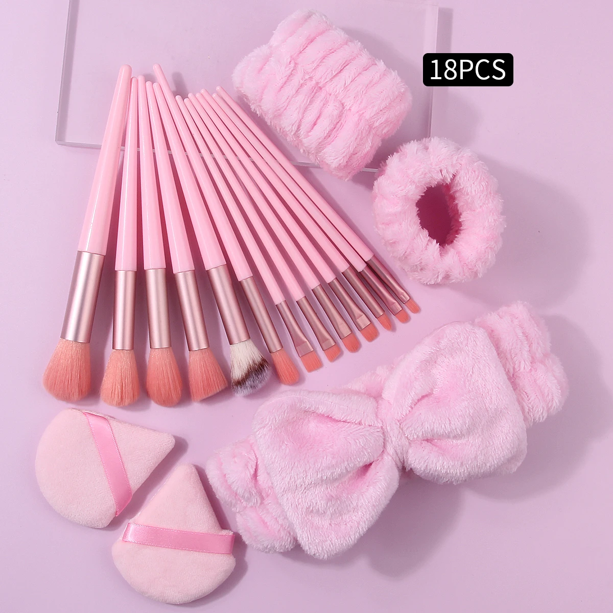 18PCS Pink multi-functional facial makeup brush set & triangular makeup powder puff & soft cleansing hairband wrist strap set
