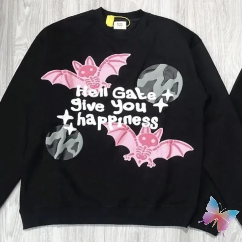 

Pink Foam Bat Print Bone Round Neck Pullover BROKEN PLANET Sweatshirts Casual Loose Black Long Sleeve BP Tshirts Men Women