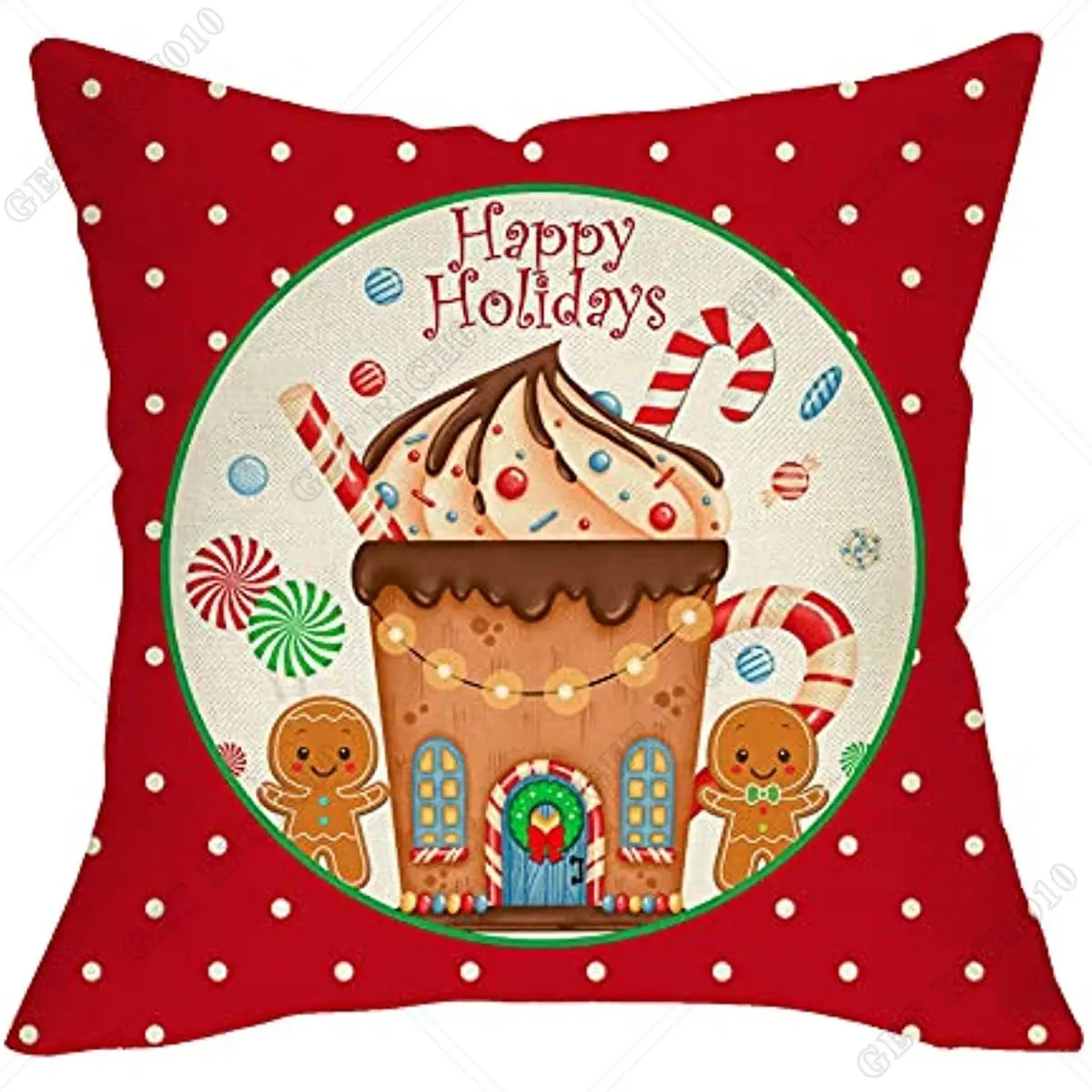 

Xmas Red Polka Dot Gingerbread Man Candy Cane Rustic Home Decorations Winter Farmhouse Pillowcase Decor for Sofa