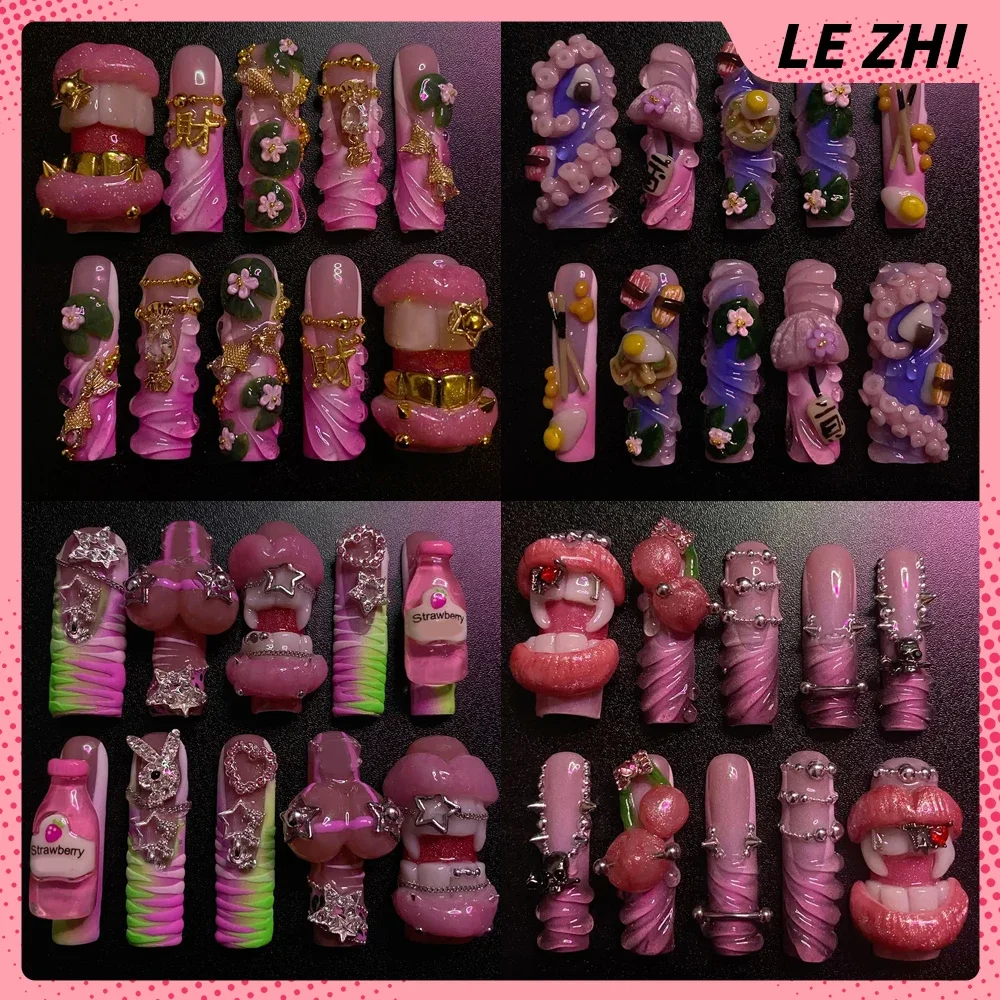 

Individual Creativity Lips Chest Press On Nails 10Pcs Handmade Y2K Europe America Golden Chain Customizable False Nail Sticker