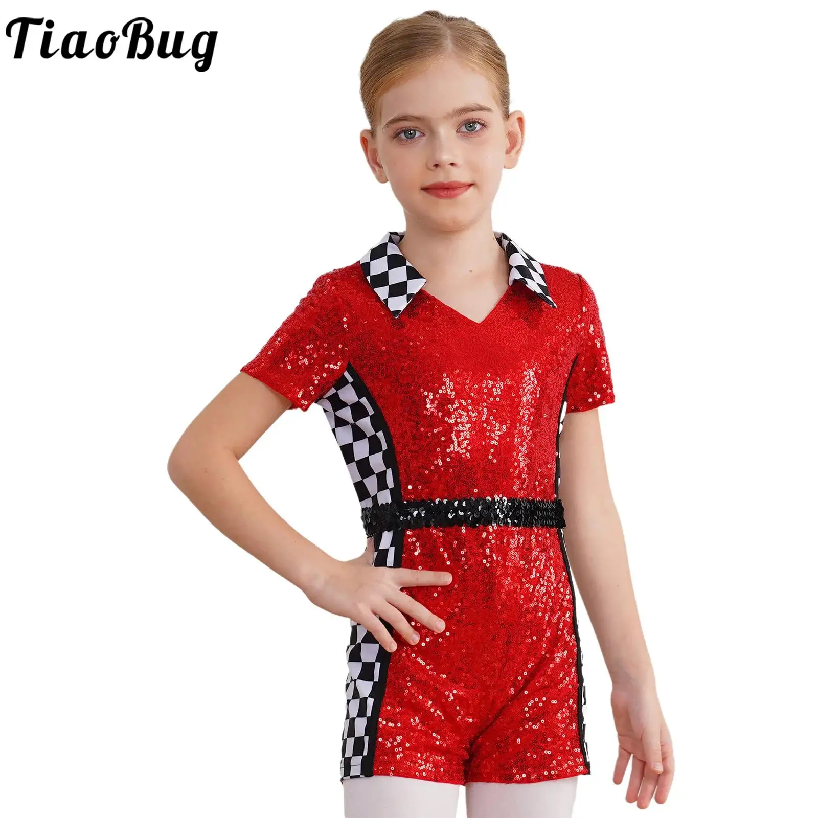 Costume de cosplay de conducteur de voiture infectieuse pour enfants, costume de batterie imprimé damier, paillettes brillantes, manches courtes, fête d'Halloween et de carnaval, filles