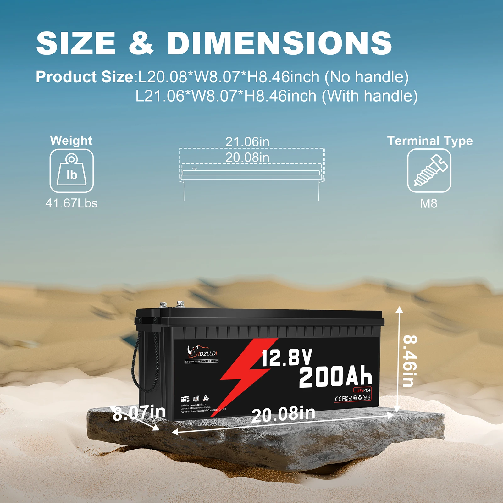 Idzlldi 12V 200Ah LiFePO4 Lithium Battery Built-in 200A BMS 2560Wh Energy Low Temperature Protection for Solar Energy Backup Power Camping