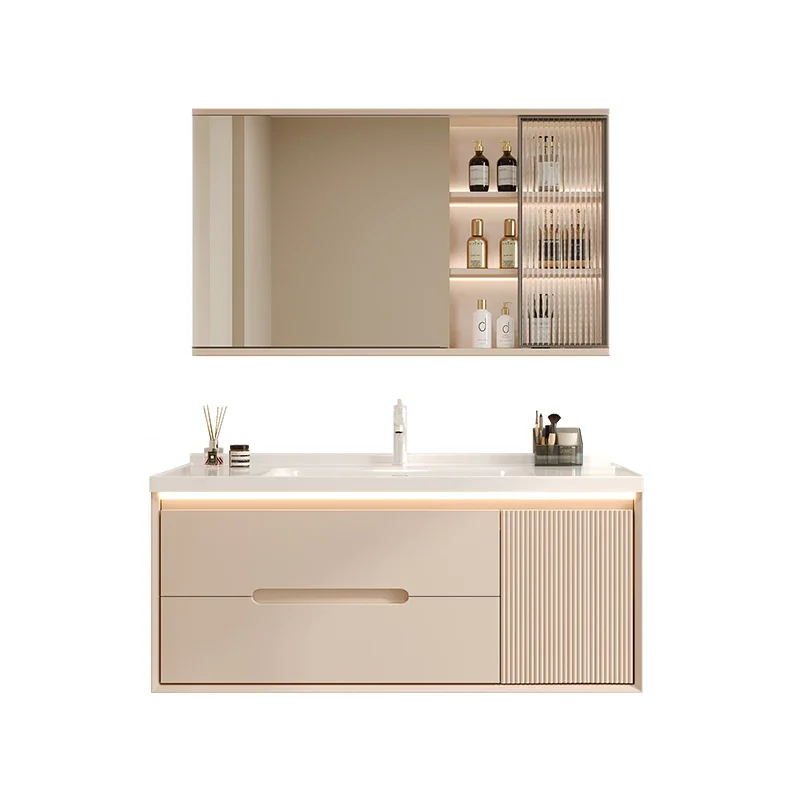 Light Luxury Cream Bathroom Cabinet Combination Modern Minimalist Ceramic Integrated Hand Wash Basin Washbasin Furniture