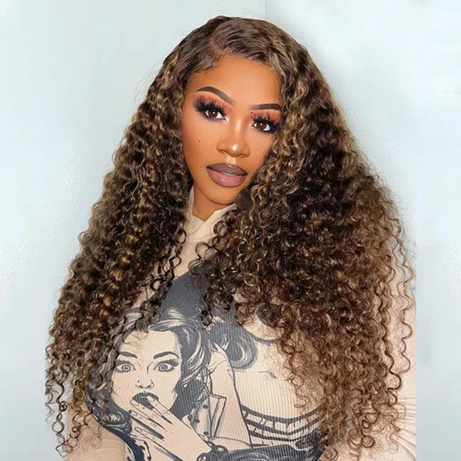 

Highlight Deep Wave Human Hair Wigs 13X6 Transparent Lace Front Wig 4/27 Ombre Honey Blonde Curly Wigs 180 Density Pre Plucked