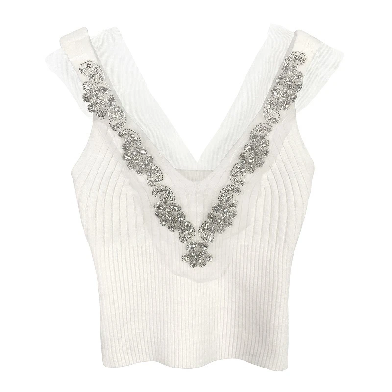 Dongda Gate New Style Women\'s Knitted Diamond Embellished V-Neck Slim Fit Tank Top Sexy Show Body Commute Style Polyester Blend