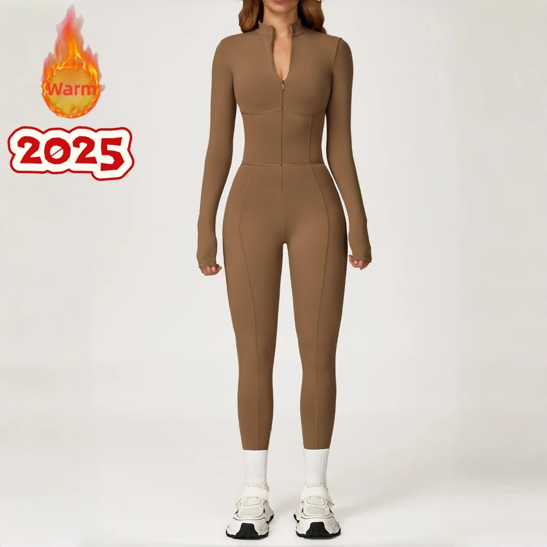 

Women's Warm Zipper Long Sleeve Yoga Jumpsuit Peach Hip One-piece Fitness Suit Sports Running Workout Clothes Gym Bodysuit