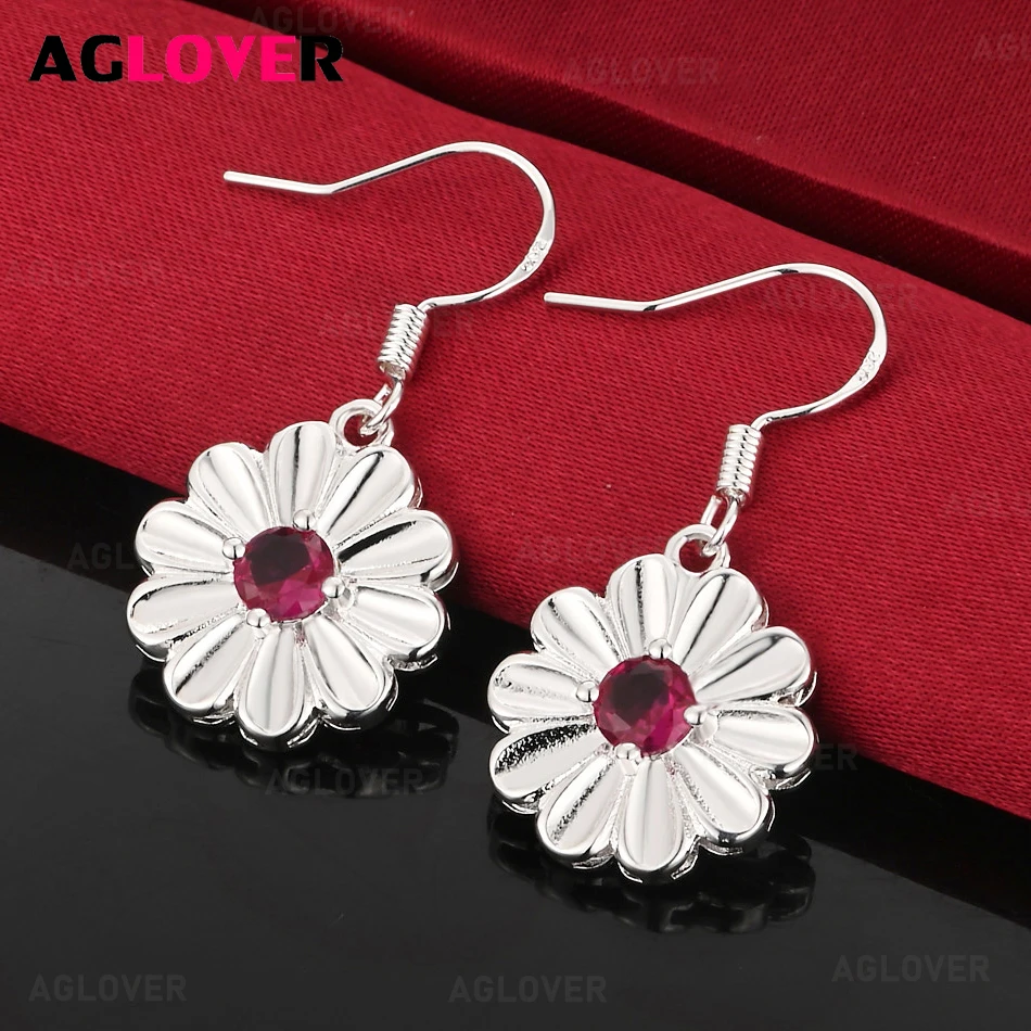 

AGLOVER 925 Sterling Silver Flower Shaped Red Zircon Earrings Classic Cute Women Banquet Party Jewelry