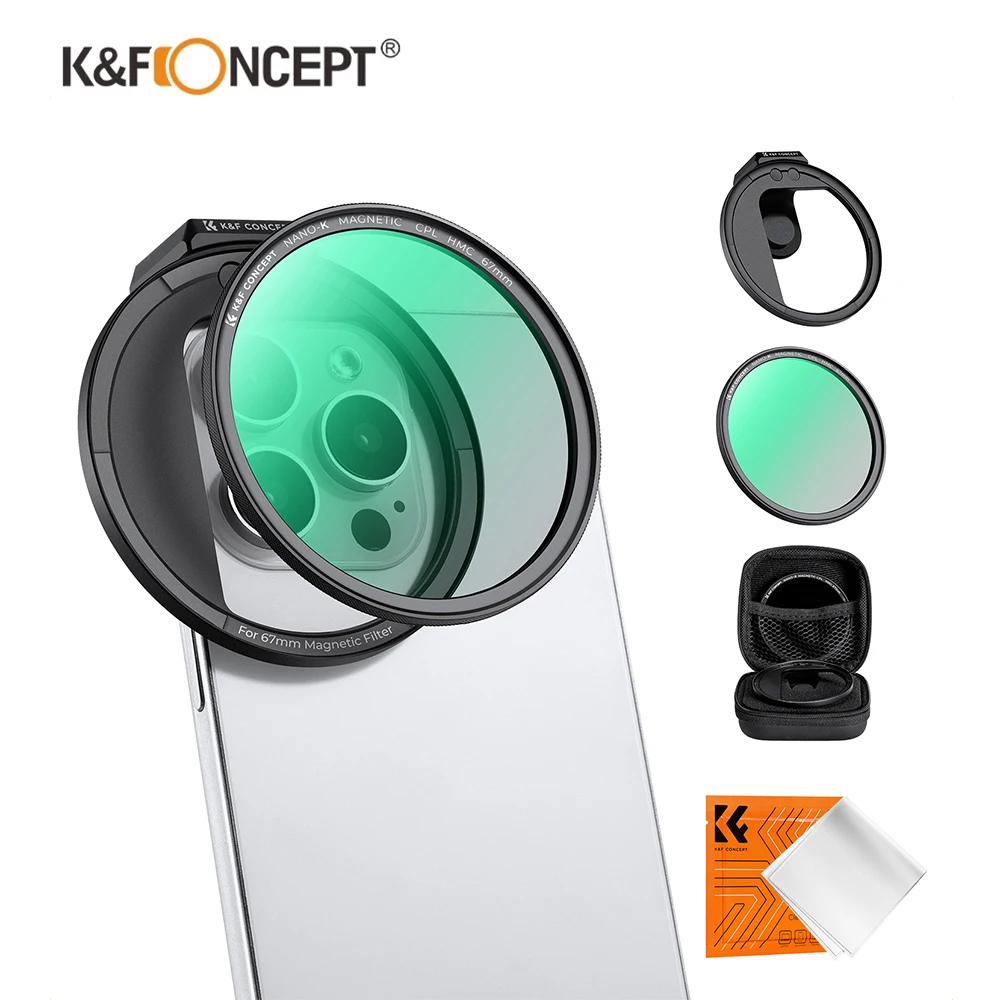 

K&F CONCEPT Clip-On Magnetic CPL Filter Kit Phone Filter for All Phone & 67mm Camera Lens Compatible,for iPhone 15 14 13