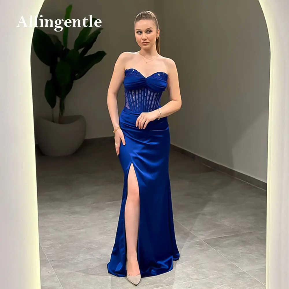 

Blue Long Stain Prom Dresses Sweetheart Backless Elegant Pleat Memaid Formal Woman Evening Dresses with Side Split Customized