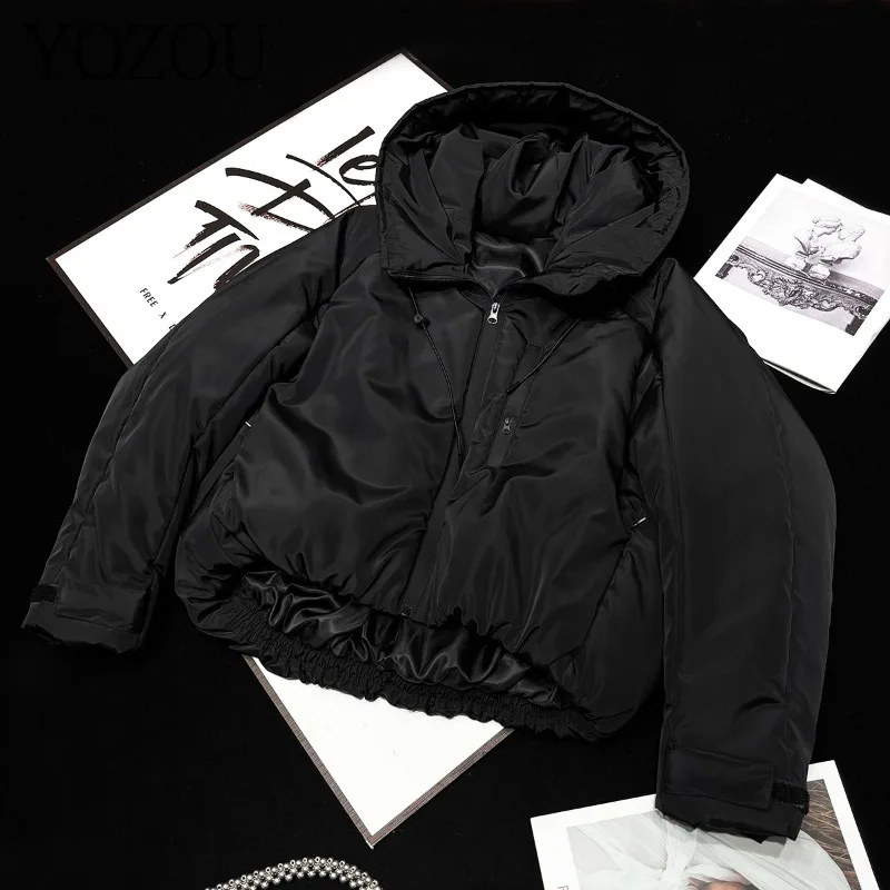 

[YOZOU] Winter Gorpcore Black Solid Techwear Hooded Short Padded Zipper Coat Jackets Women Rave Outfits Outwear Girl Korean