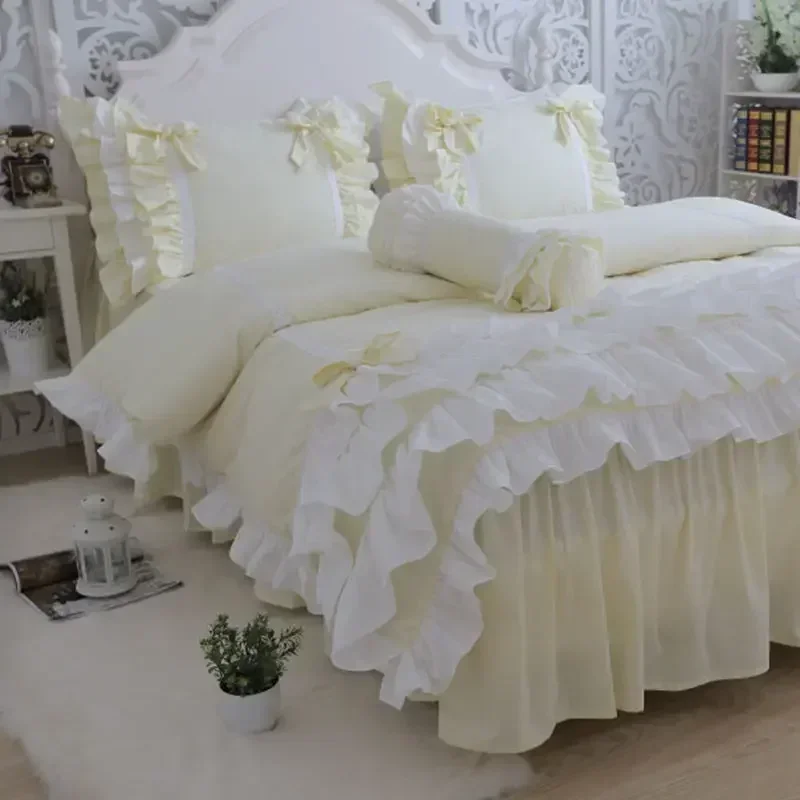 New Luxury Layers Bedding Set Sweet Princess Bow Ruffle Duvet Cover Wedding Bedding Pink Bed Sheet Girl Baby Bed Skirt Cover