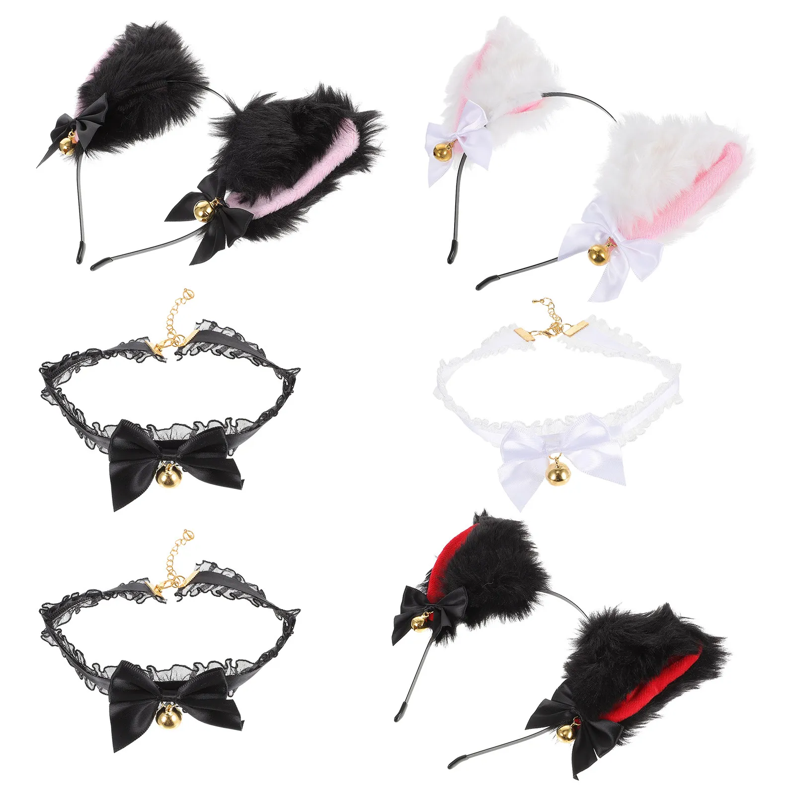 Ensemble de 3 accessoires pour déguisement Lolita : Bandeau oreilles de chat, collier en dentelle avec nœud et clochette, kit de déguisement pour fête et carnaval