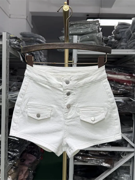 Slim Fit High Waist Denim Shorts Women's Single Button Bootcut Hot Pants Summer New Style Versatile Black Straight Tube Shorts