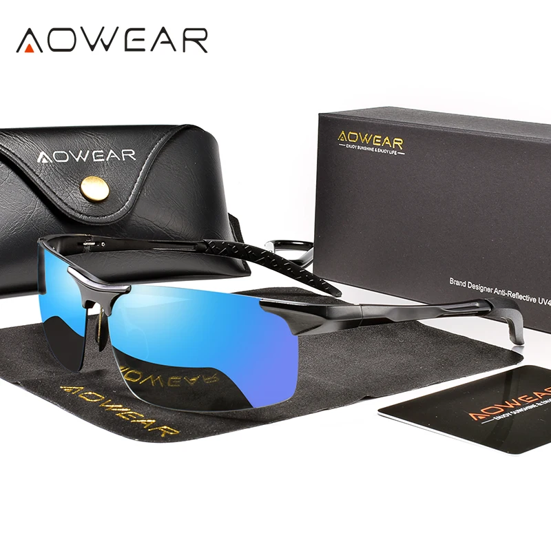 AOWEAR Aluminium Outdoor Luxe Zonnebril Mannen Gepolariseerde Sport Stijl Randloze Zonnebril Man HD UV400 Rijden Goggles Eyewear