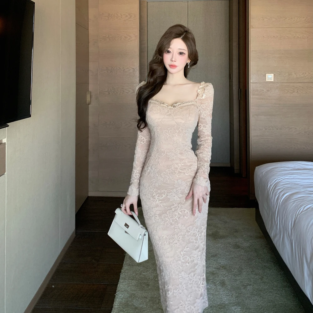 

Pure Desire Ele Long Lace A-Line Dr Sexy Slim Fit High Waist Autumn Winter Women's Faion Gown Casual High Ne Sve