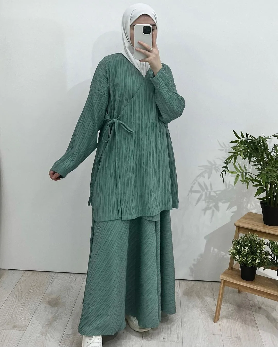 Women Eid Muslim Sets Blouses Loose Skirts Musulman Ensemble Dubai Islam Solid Modest Ramadan Casual Pleated Two Pieces