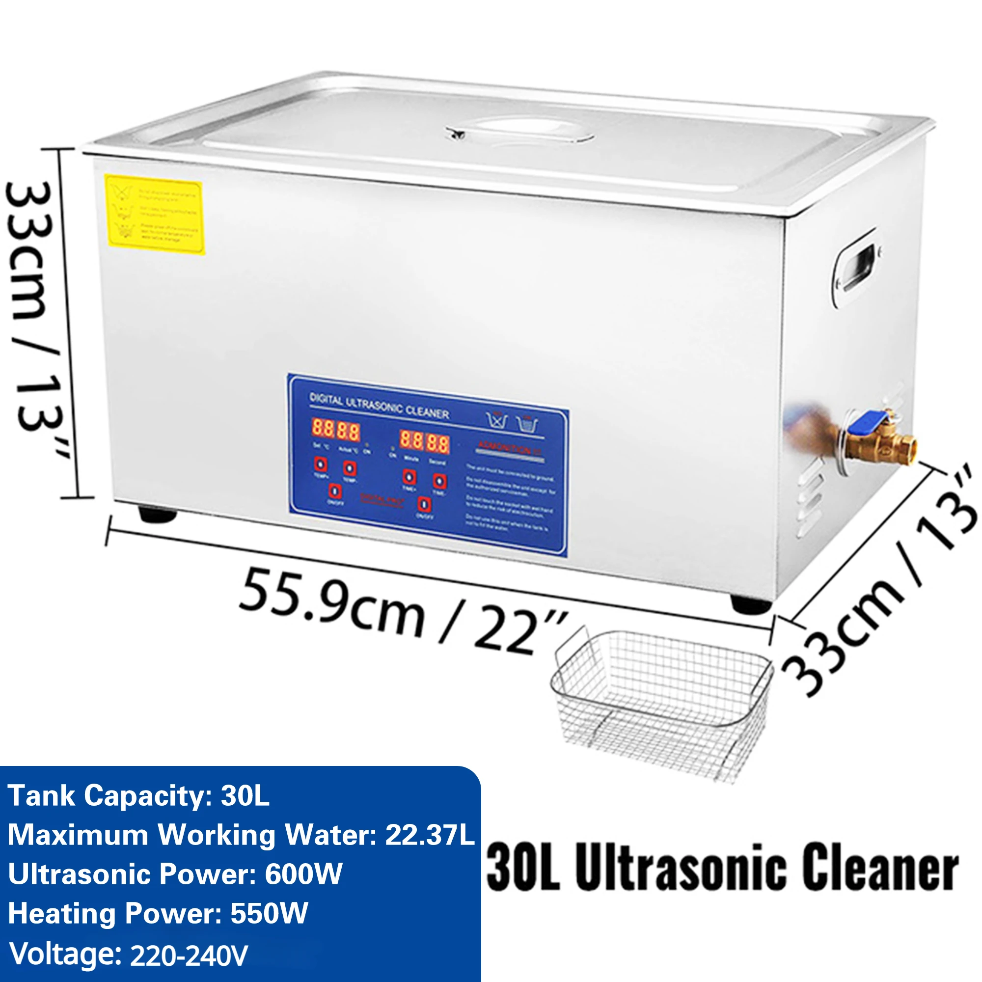 Limpador ultrassônico industrial de aço inoxidável 30L, máquina de limpeza por ultrassom com temporizador e aquecedor digital, 40Hkz 600W 110V/220V