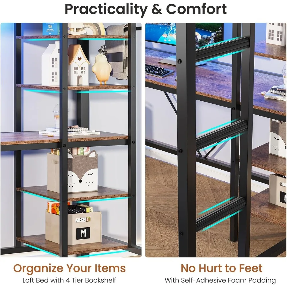 سرير علوي مزدوج مع مكتب على شكل حرف L و6 أرفف تخزين، سرير علوي بحجم مزدوج مع محطة شحن، وأضواء LED، وواقي أمان وسلم