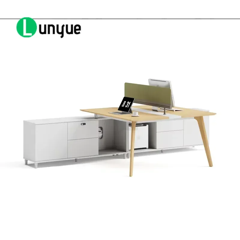 L Shaped Staff Desk MDF Office Furniture Set with Long Side Cabinet for Modern Workspace Storage Solution