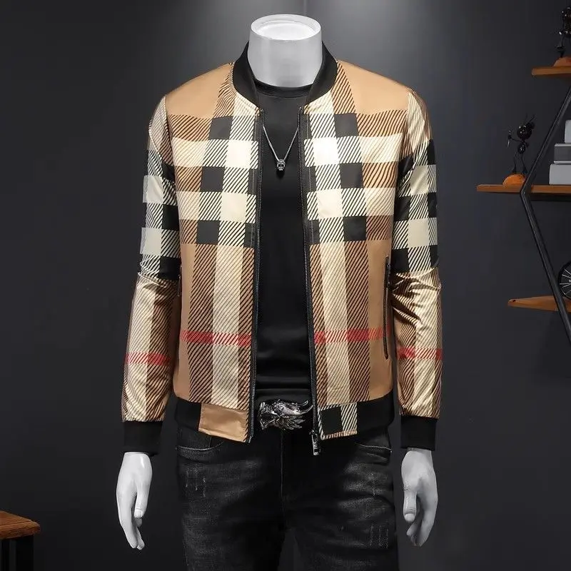 2024 men\'s trendy brand plaid printing long-sleeved jacket spring and autumn casual fashion slim-fit stand-up collar top jacket