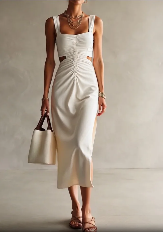 Damenkleid mit eckigem Ausschnitt, ärmellos, geraffter Taille, seitlichem Schlitz, normale Größe, Partykleid