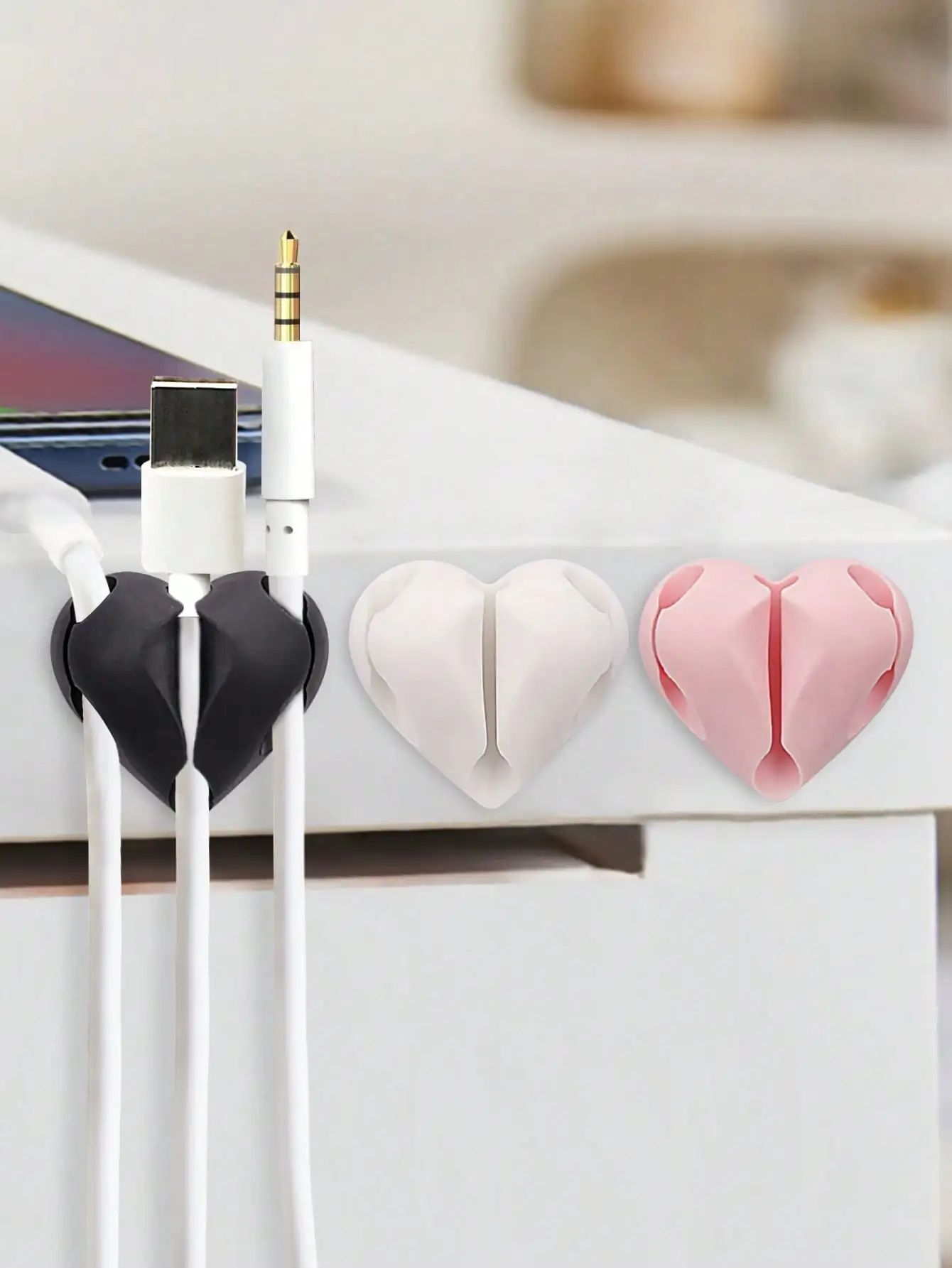 2Pcs Heart Shaped Cable Organizers, 3 Colors Available, Self-Adhesive Desktop Cord Winder for Data Cables, Mouse, Earphones & Ne