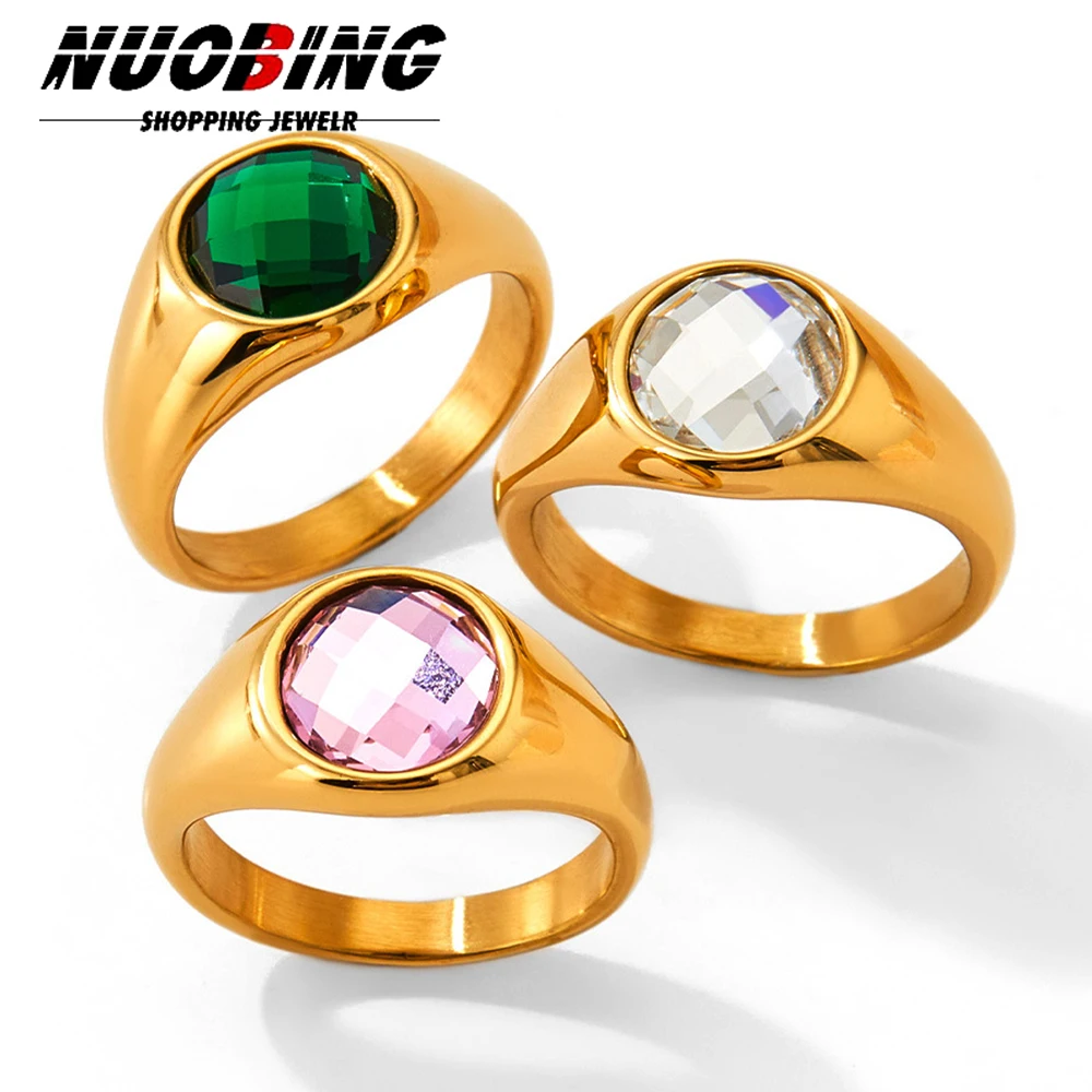 Shiny Cubic Zirconia 18K Stainless Steel Rings for Women Gold Color Never Fade Luxury Classic Wedding couple rings Jewelry